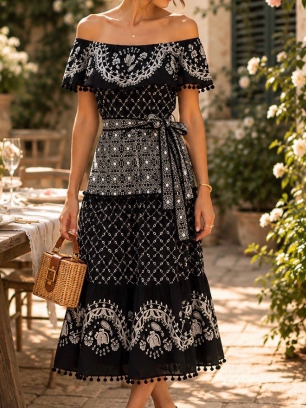 Anthropologie Black One-Shoulder Embroidered Midi Dress